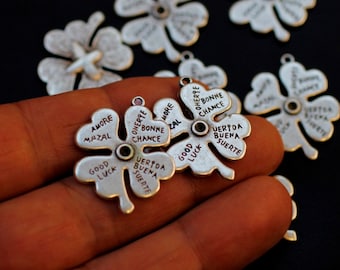5 Antique Silver Four Leaf Clover Charms: Lucky Pendants