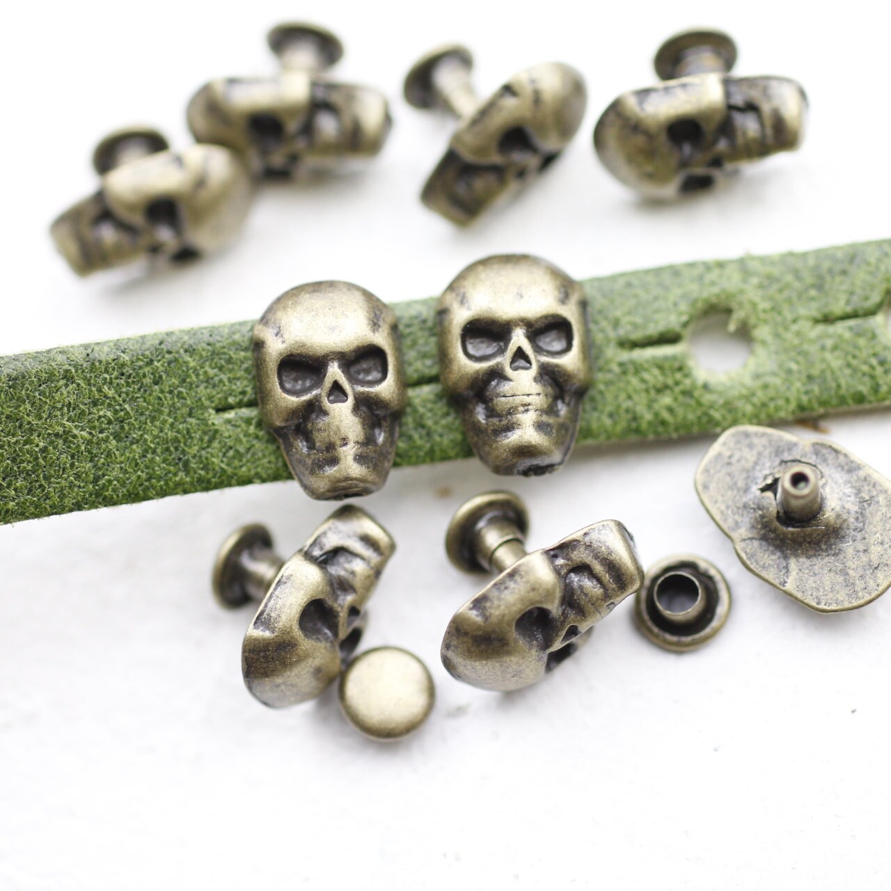 10 Antique Brass Skull Rivets, Leather Craft Accessories