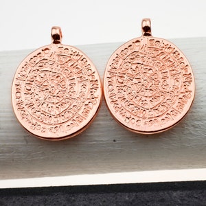 5 Rose Gold Minoan Phaistos Disk Pendants: Greek Mythology Jewelry Findings