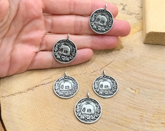 Antique Silver Elephant Coin Pendant: Handmade Zamak Medallion (5 Pcs)