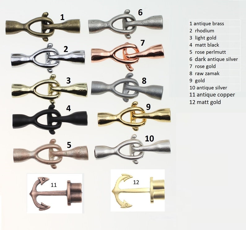May include: Twelve different metal toggle clasps in various finishes, including antique brass, rhodium, light gold, matt black, rose perlmutt, dark antique silver, rose gold, raw zamak, gold, antique silver, antique copper, and matt gold. Two anchor-shaped clasps are also shown.