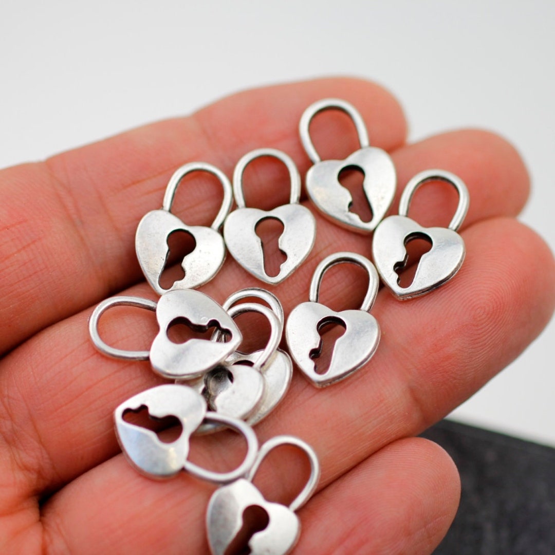 10 Lock Heart Charms, Dainty Padlock Charms Pendant, Antique Silver