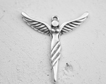Antique Silver Angel Wing Pendant: Religious Charm, Guardian Gift - 5 Pcs