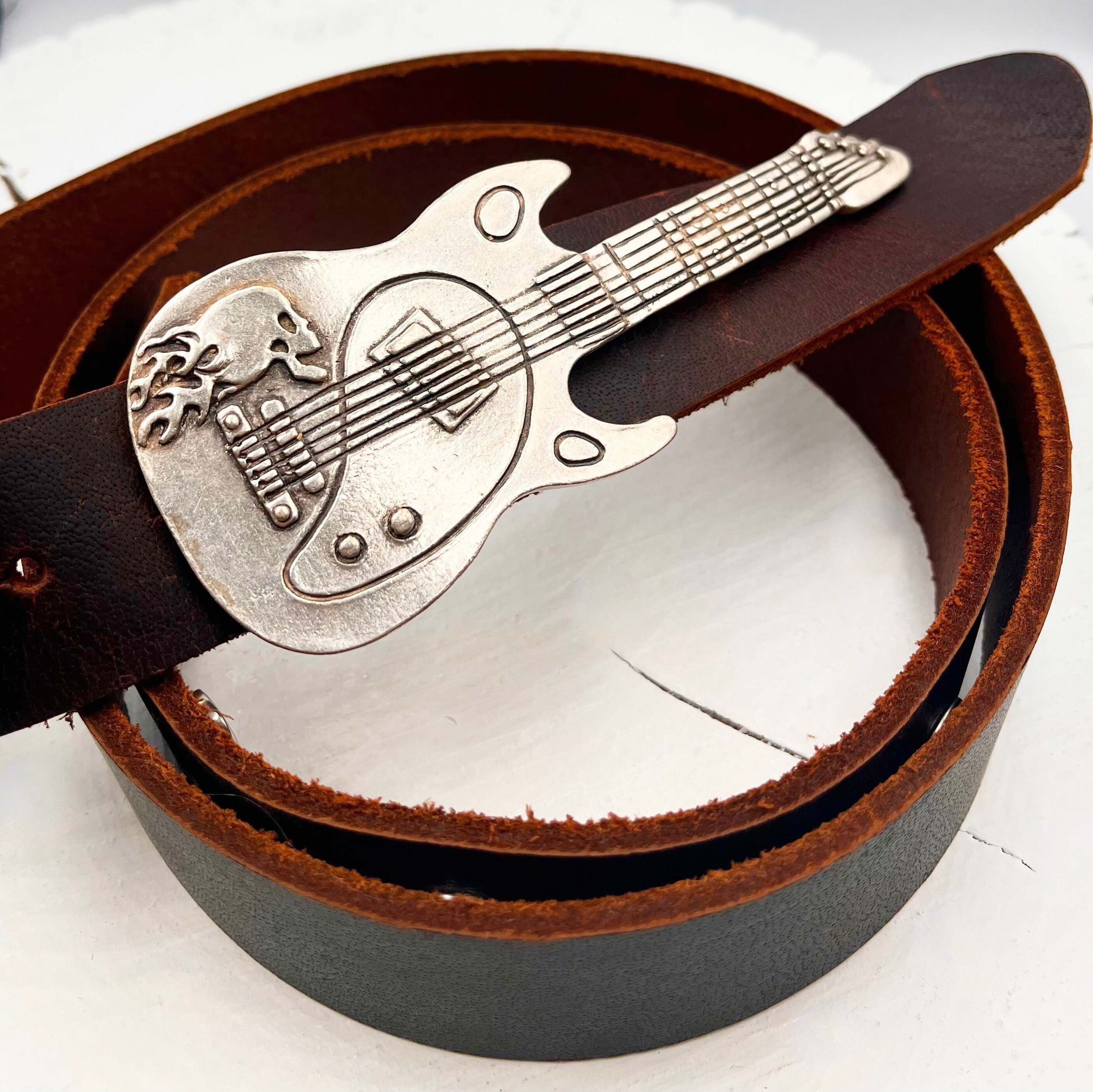 Leather belt , guitar buckle Old Navy 70s Retro Style Brown Leather Belt Guitar Buckle  main image 3