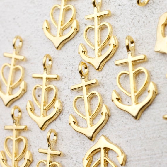 10 pcs 22k Gold Filled Anchor Charms: Faith Hope Love Pendants