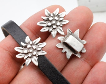 Edelweiss Flower Slider Beads: Antique Silver DIY Jewelry Charms (10 Pcs)