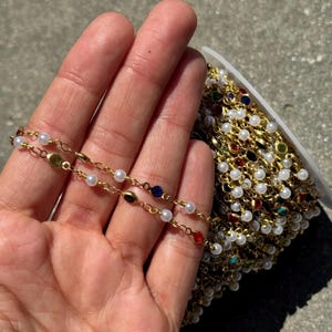 Dainty Raw Brass Chain with Colorful Glass Beads, Chain with Colorful Beads, Jewelry Making Supplies, DIY Craft Chain, Ideal for DIY