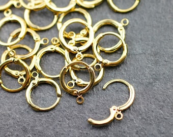 20 pcs Gold plated brass round leverback earwire 13mm, bulk gold leverback earring hook, 24k Shiny Gold Earrings, Earring Findings zm1083 go