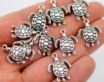 10 Antique Silver Turtle Charms: Handmade Zamak Pendants (23mm)