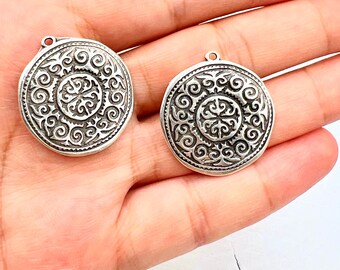 Antique Silver Plated Coin Pendant: Geometric Boho Earring Charms