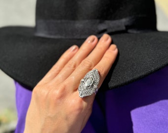 Long Statement Ring: Antique Silver Plated Boho Full Finger Ring