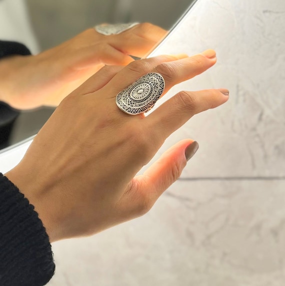 Silver Mandala Ring: Adjustable Ethnic Boho Jewelry Australia