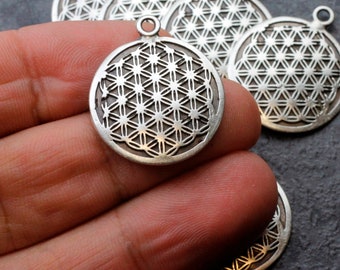 Antique Silver Flower of Life Charm: Sacred Geometry Pendant, 10 Pcs