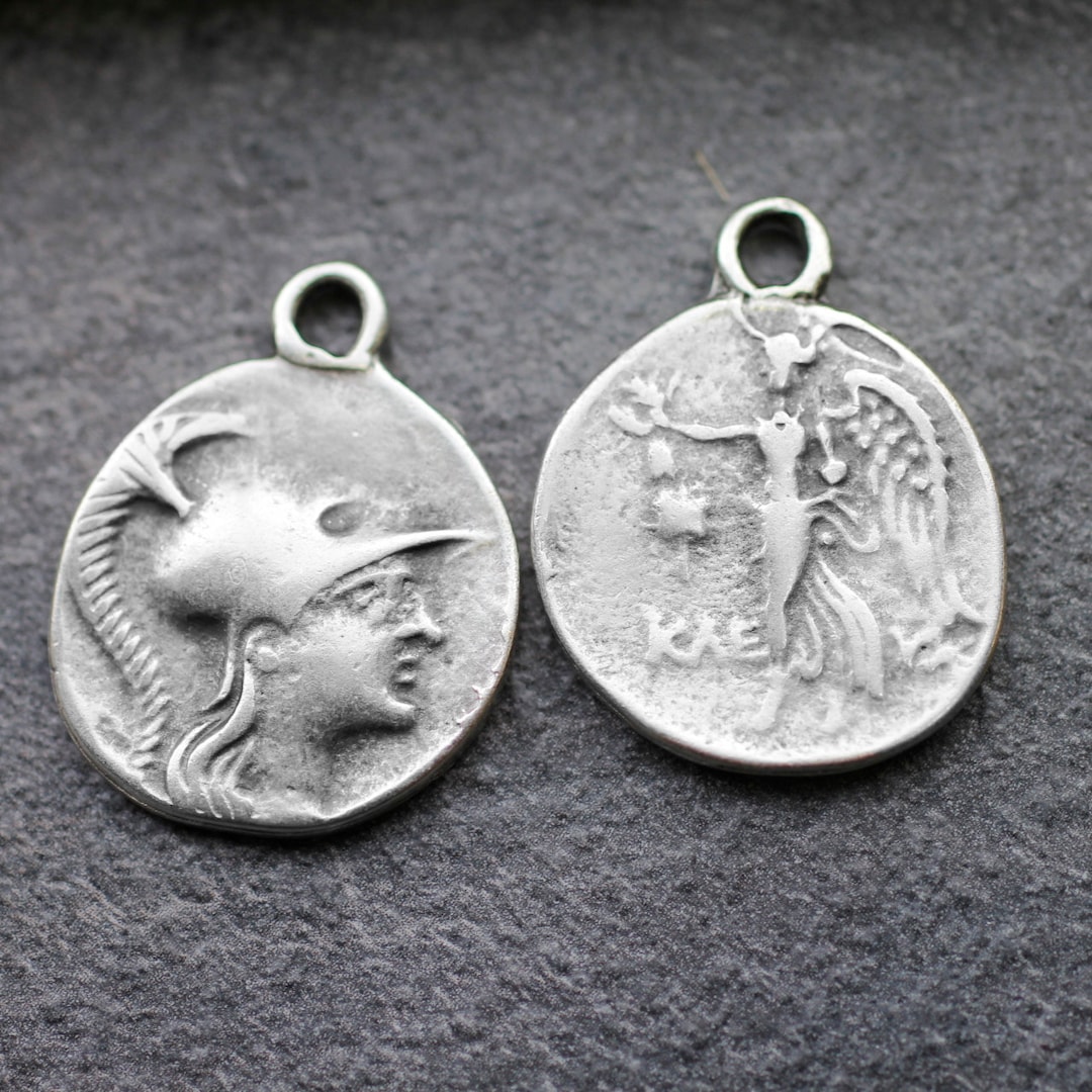 5 Roman Soldier Charms, Warrior Coin Charms, Sterling Silver Plated