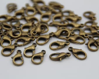 10 Antique Brass Lobster Clasps: 14mm Jewelry Findings