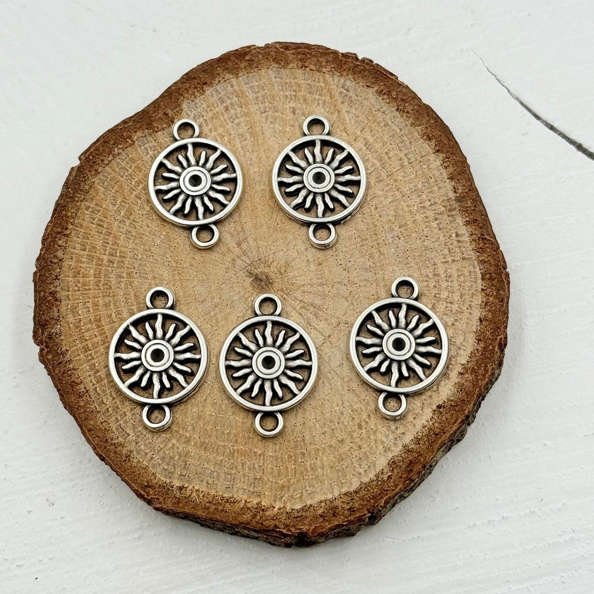 Silver Sun Connector, Round Celestial Charms, 2 Hole