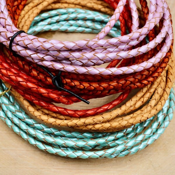 Braided Leather Cord, Color Round Leather Cord, High Quality Bolo Leather Cord, Strap For Bracelet Making, Color, Blue, Red, Orange, Purple