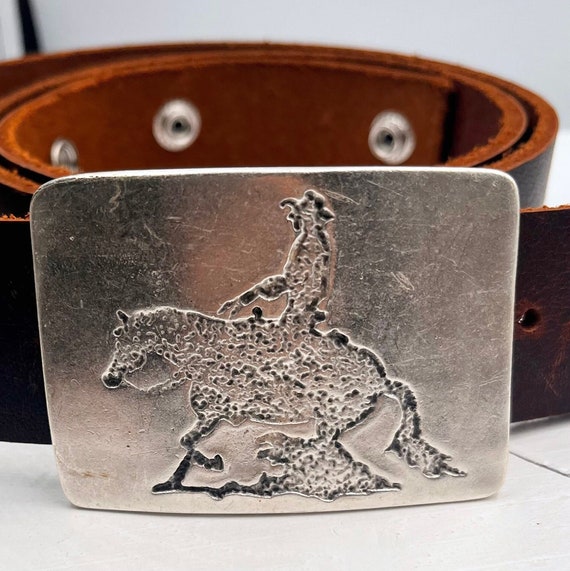 Cowboy Riding Horse Belt Buckle: Antique Silver Western Belt 