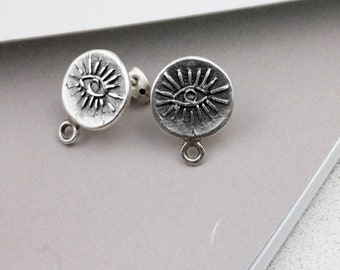 5 Pairs Antique Silver Evil Eye Stud Earring Findings (15mm)