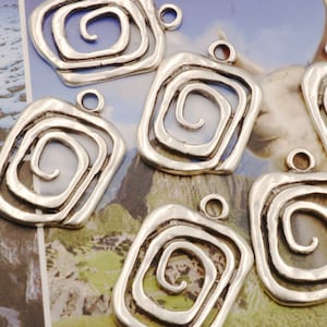 Antique Silver Swirl Charms: Square Spiral Pendants (4 Pcs)