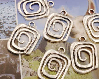 Antique Silver Swirl Charms: Square Spiral Pendants (4 Pcs)