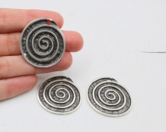 Antique Silver Spiral Charms: Large Round Disc Pendants (5 Pcs)