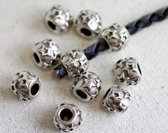 10 Antique Silver Plated Star Beads - Large Hole Slider Beads