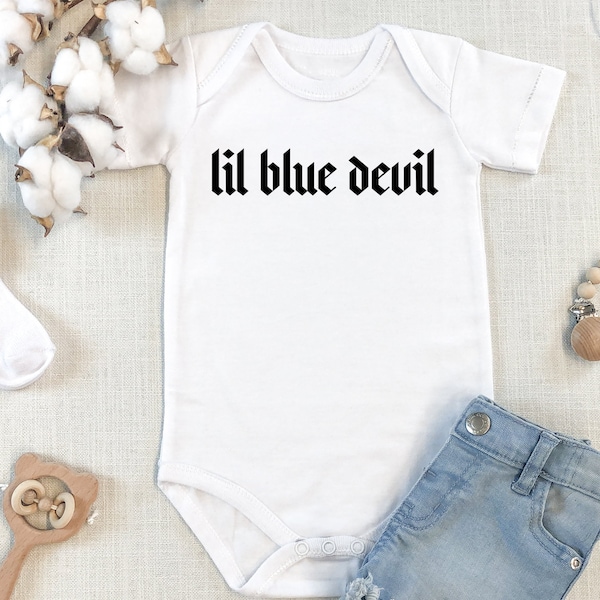 Lil Blue Devil One Piece Bodysuit, baby, baby boy, baby gifts, baby girl, baby one piece, baby outfit, duke university college sports