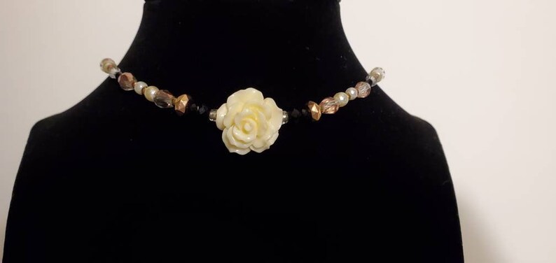 Rose Gold Rose Choker Necklace Black Beige