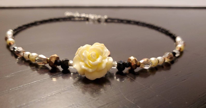 Rose Gold Rose Choker Necklace Black Beige