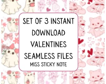 The Valentine Coquette Bundle: 3 Seamless Patterns - Pink Kittens, Ghoulish Galantines, & Blushing Bouquets | Instant Download