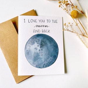 Handgemachte Grußkarte | Aquarell Grußkarten | Niedliche Pärchen Karte | Mond Wortspiel | A2 | Love You Karte