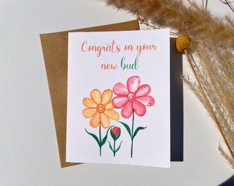 Handmade Greeting Card | Stationery | New Baby Card | Flower Pun | A2 | Watercolor Note Card