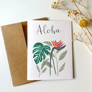Handgemachte Aquarell Grußkarte | Schreibwaren | Tropisch | Leere Karte | A2 | Monstera | Paradiesvogel | Aloha | Hinweis-Karte