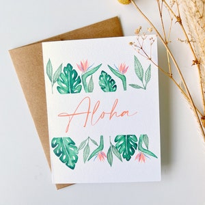 Handmade Watercolor Greeting Card | Stationery | Tropical Border | Blank Card | A2 | Monstera | Bird of Paradise | Aloha | Note Card