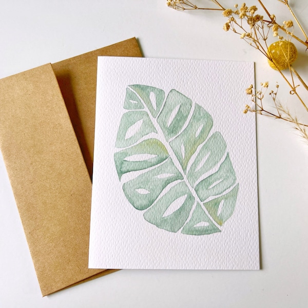 Handmade Watercolor Greeting Card | Note Cards | Blank Card | Monstera | Art | A2 |