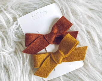 Felt Baby/Toddler Bow Headband Set // Felt Bow Hair Clips Set // 2 Pack // Mustard + Rust Bows