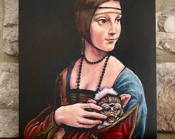 Estampado de una dama con Furbine – Parodia renacentista del Furby