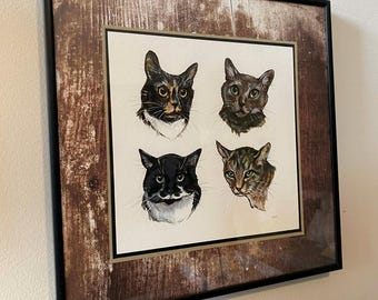 Ritratto personalizzato di più animali domestici – Dipinto a mano con acquerello e penna (20x20 cm)