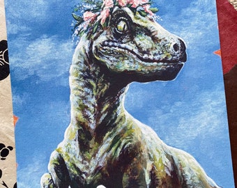 Delicata stampa di dinosauro: Maddie il rapace floreale, opera d'arte firmata