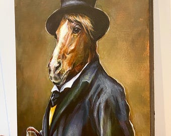 紳士の馬の肖像 – オリジナルアクリル画、ヴィンテージスタイルアート