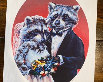 Impresión de boda de mapache de pareja de basura en papel de acuarela de lujo - peculiar retrato de mapaches animales de arte pintado de alta calidad