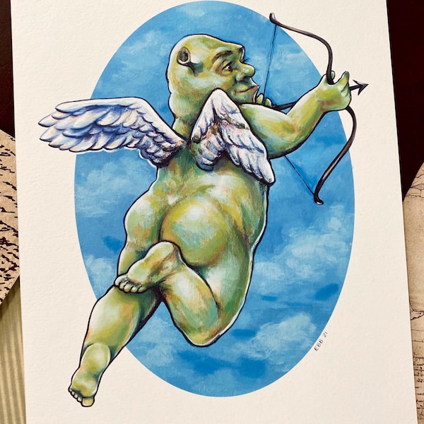 Cherub Shrek 2 Print Signed & Dated- Renaissance 8 x 10 Print on Deluxe Watercolor Paper - High Quality Angel