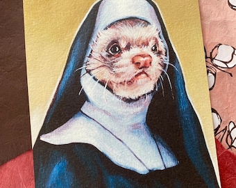 Patricia the Ferret Nun Print Signed & Dated - 5x7 Art Print on Deluxe Watercolor Paper - Quirky Catholic Art