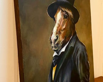 紳士の馬の肖像 – オリジナルアクリル画、ヴィンテージスタイルアート
