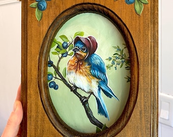 Bluebird in a Bonnet Art Print, Cottagecore Granny Chic Original Painting, Cottage Style Bird Portrait - Frame Not Included