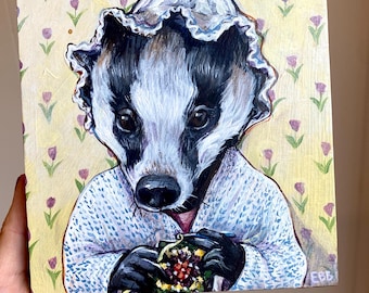 Marie the Crocheting Badger - Dipinto originale - Tasso cottagecore dipinto a mano su targa di legno Grandma Chic Crochet