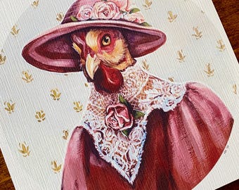 Stampa artistica di gallina di fantasia – Ritratto di gallina da fattoria d'epoca (8x8)