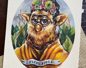 Furby Kahlo konsttryck – Frida 90-talsparodi, signerad och daterad