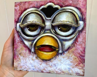 Exhausted Furby Portrait – Hand-Painted Acrylic 90s Furby on Wood Funny Nostalgia Original Painting Fun Gallery Wall Quirky Statement Art